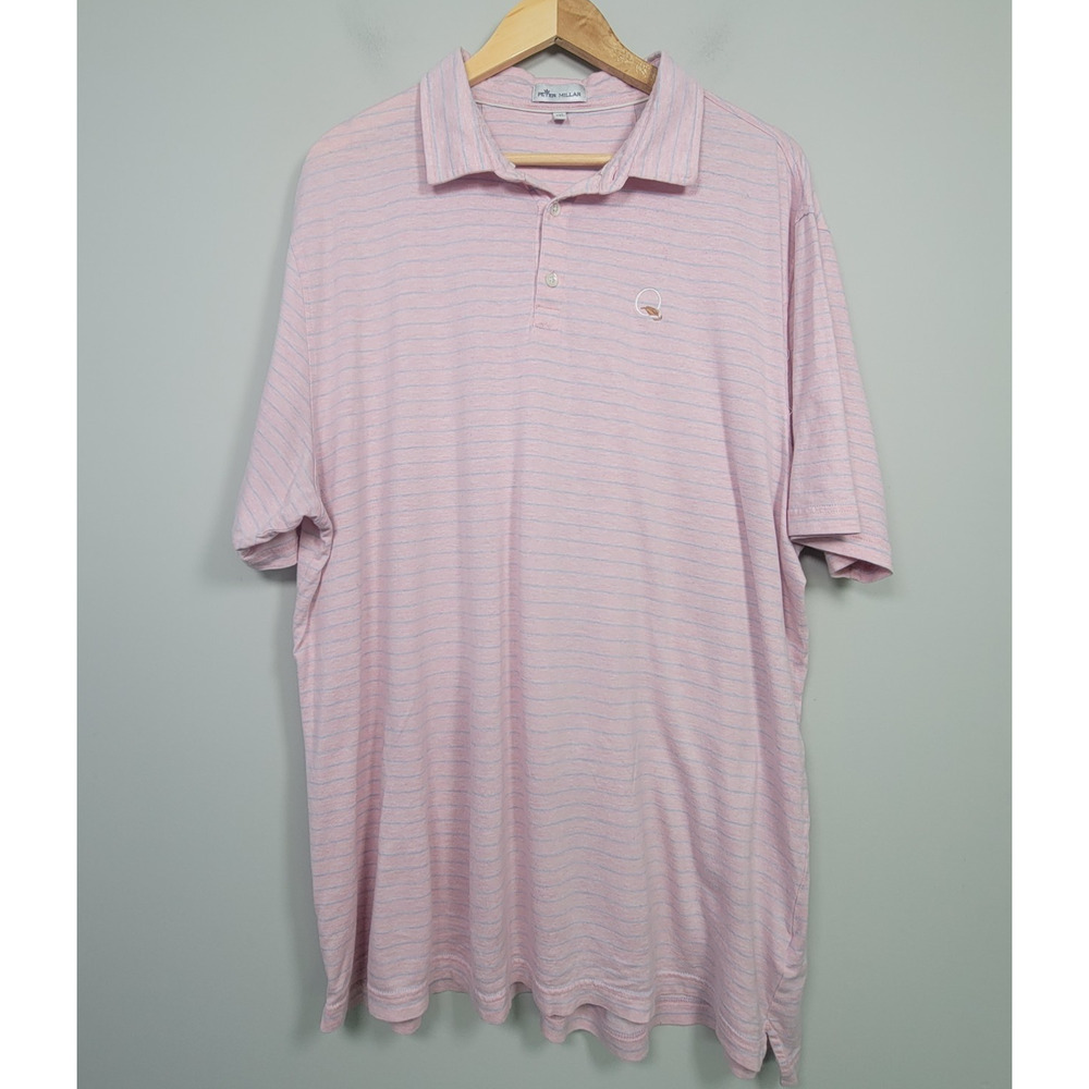 Peter Millar Polo Shirt Mens XXL Quail Hollow Logo Linen Blend Stripe Pink